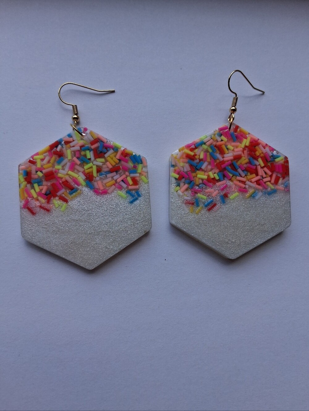 Hexagon Drop Earrings with Multicolor Sprinkle Accents - White